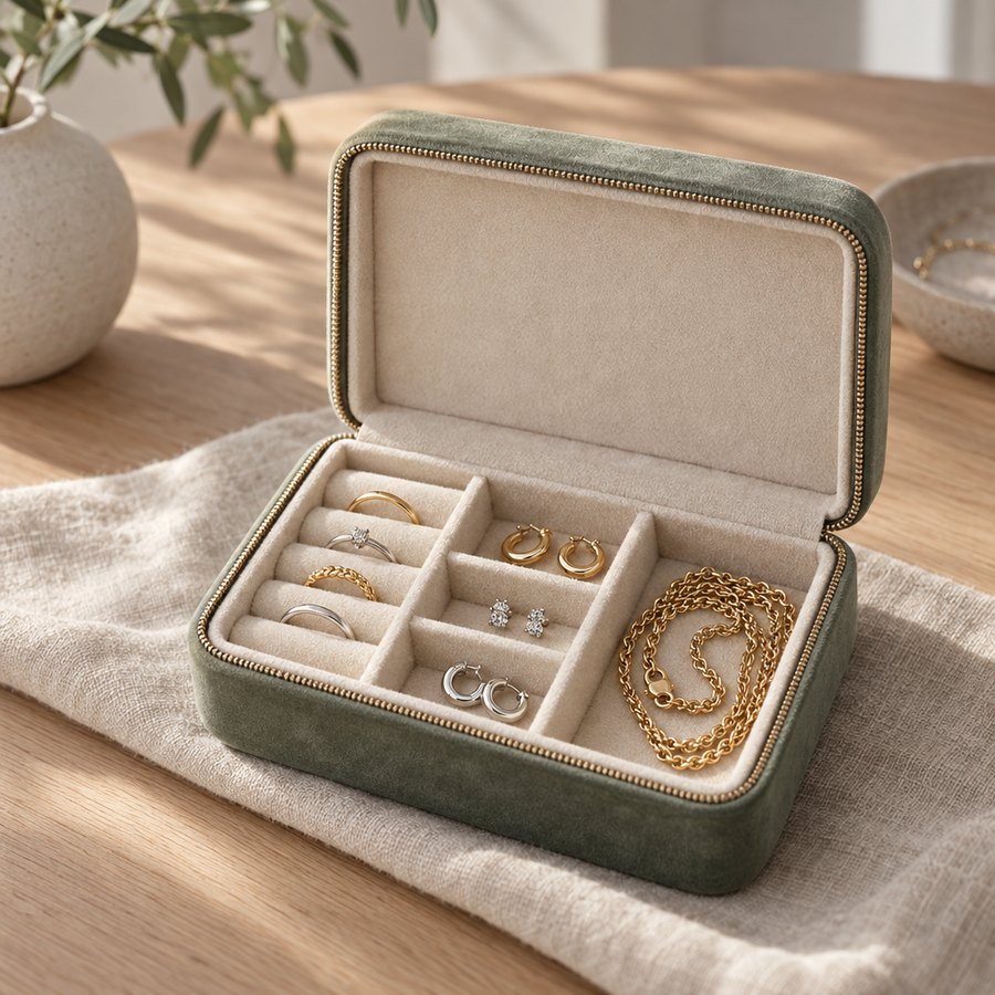 Smykkeskrin med ringe og øreringe Smykkeskrin med ringe og øreringe